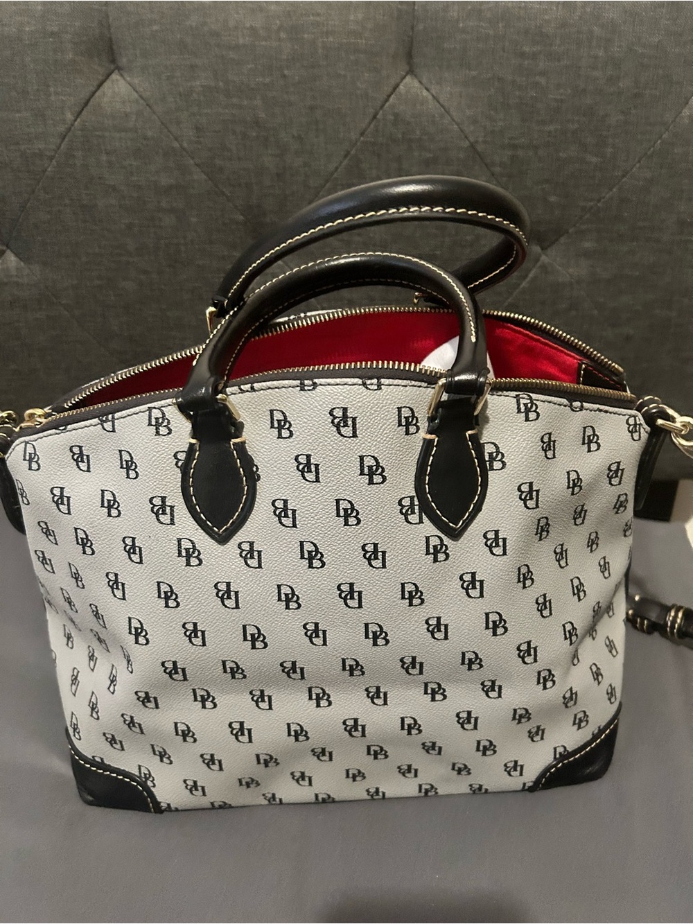 Dooney & Bourke Cream and Black Logo Dome Satchel - Picture 2 of 5